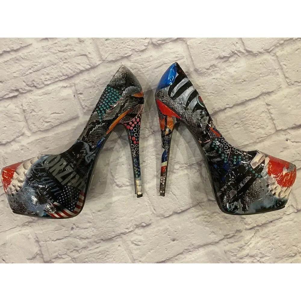 Rosette Artsy Platform Heels Women’s Size 9 Rave Dance Lips Party Disco Retro